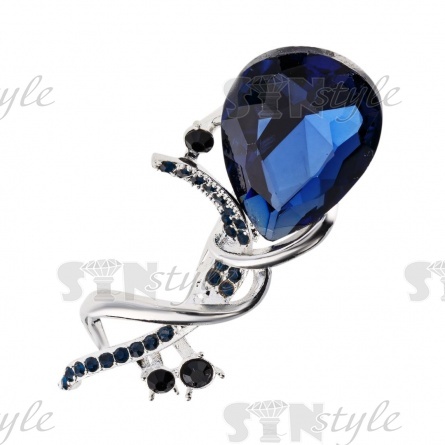 Брошь со стразами  размер 22х56 мм, цвет никель+синие стразы, застежка булавка фото 1