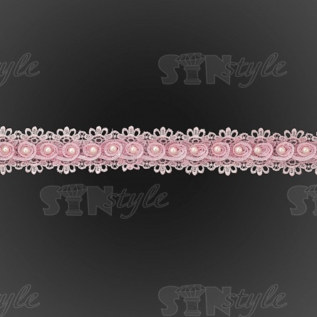 Кружево ажурное с отделкой,  на нежной кружевной основе россыпь бутонов роз с бусиной в центре цветка, ширина 40 мм, намотка 15 ярдов, цвет розовый фото 2
