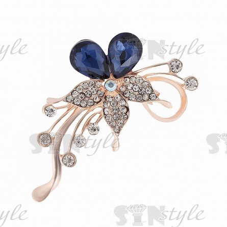Брошь металлическая со стразами, застежка булавка, цвет золото+белые и синие стразы, размер 34х58 мм фото 1