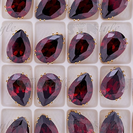 Стразы пришивные стеклянные в цапах, форма капля, цвет золото+бордовый, размер 13*18мм  фото 3