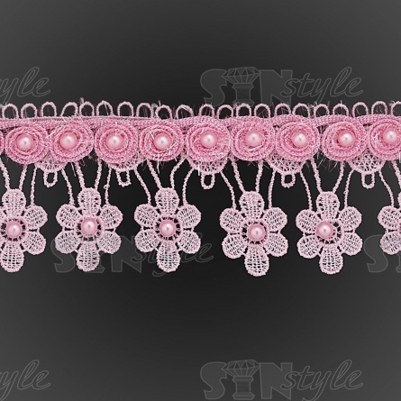 Кружево ажурное с отделкой, нежнейшее тонкое переплетение гирлянды с цветочными мотивами с бусиной в центре цветка, а так же с бусинами по краю по всей длине изделия, ширина 60 мм, намотка 10 ярдов, цвет розовый  фото 2