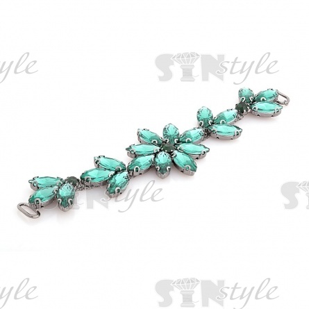 Фигурная пряжка  со стразами, цвет темный никель+зеленые стразы, размер 35*145 мм. фото 2