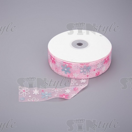 Декоративная лента капроновая с цветочным принтом, ширина 25 мм, намотка 50 ярдов, цвет розовый фото 1
