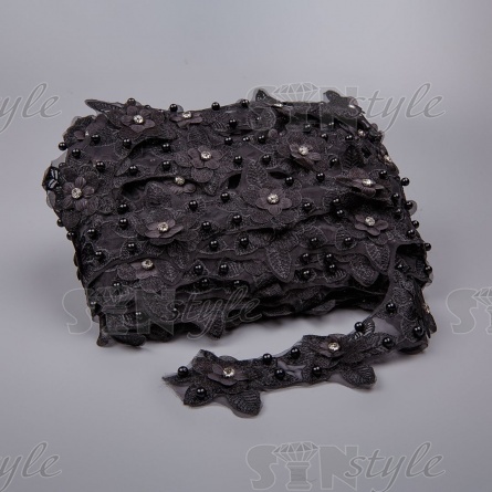 Кружево "Цветочное", ширина 60 мм, цвет черный, декорировано черными бусинами и белыми стразами, намотка 10 ярдов  фото 1