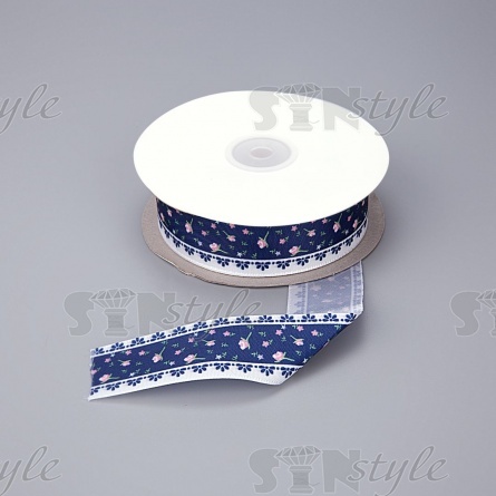 Декоративная атласная лента с цветочным принтом, цвет темно-синий, ширина 25 мм, намотка 20 ярдов фото 1