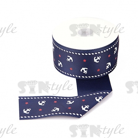 Лента репсовая, с принтом "якоря", ширина 40 мм, цвет синий+белый+красный, намотка 20 ярд фото 1