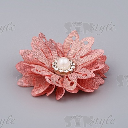 Цветочки декоративные со стразами и бусиной, цвет грязно-розовый, диаметр 40 мм. фото 2