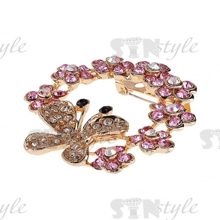 Брошь со стразами  размер 40х40 мм, цвет золото+стразы белые и розовые, застежка булавка фото 2