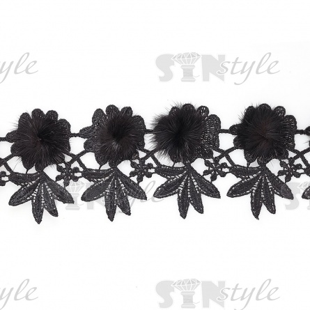 Кружево ажурное с  отделкой, нежнейшее тонкое переплетение гирлянды с цветочными мотивами и мехом в центре цветка, ширина 75 мм, намотка 10 ярдов, цвет черный  фото 1