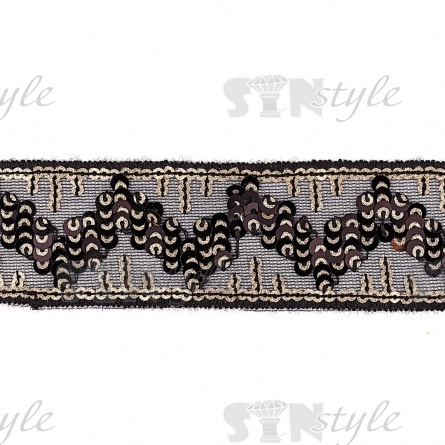 Тесьма отделочная на сетке черного цвета, расшита черными и золотыми пайетками, ширина 35 мм, намотка 20 ярдов  фото 1