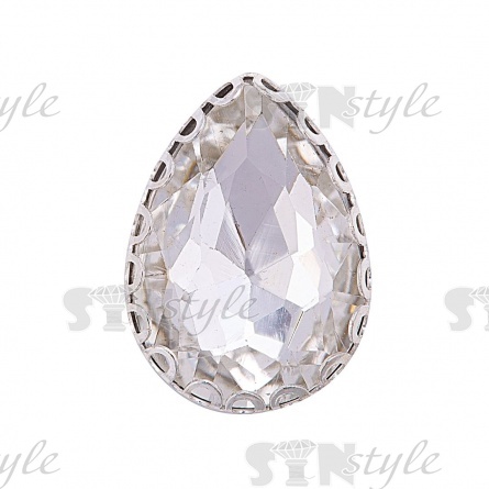 Стразы пришивные стеклянные в оправе, форма капля, цвет серебро+белый прозрачный, размер 10х14 мм фото 1