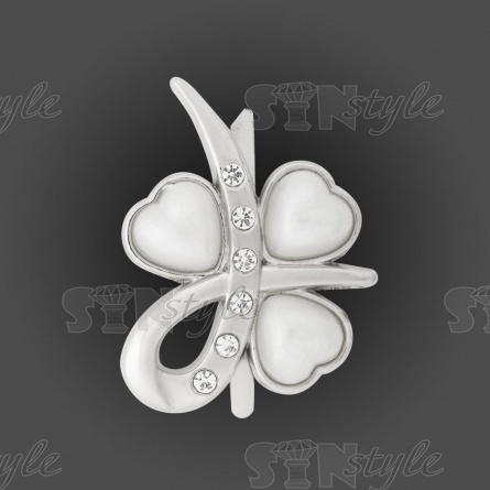 Брошь металлическая  со стразами, крепление усики, цвет серебро+белые стразы и бусины, размер 37 мм х 31 мм фото 1