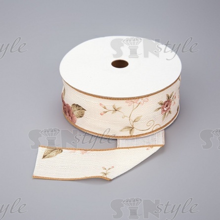 Декоративная лента с цветочным принтом, цвет бежевый, ширина 40 мм, намотка 20 ярдов фото 1