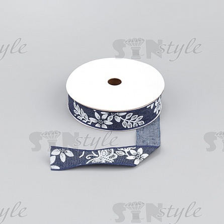 Джинсовая лента с цветочным принтом белого цвета, ширина 25 мм, намотка 20 ярдов фото 1