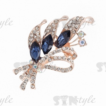 Брошь металлическая со стразами, застежка булавка, цвет золото+белые и синие стразы, размер 32х57 мм фото 1