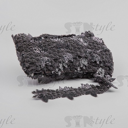 Кружево на сетке с растительным орнаментом, расшитое пайетками и микробисером, ширина 70 мм, цвет черный, намотка 10 ярдов  фото 2