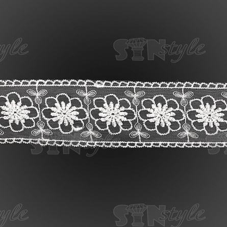 Кружево на сетке белого цвета с белой вышивкой, ширина 60 мм, намотка 15 ярдов фото 2