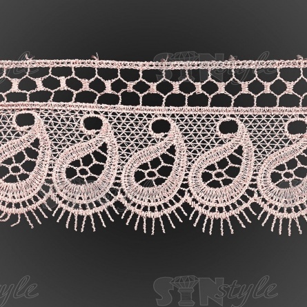 Кружево ажурное с "огуречным" орнаментом и ресничками по фестончатомы краю, ширина 75 мм, цвет пыльно-розовый, намотка 15 ярдов фото 2