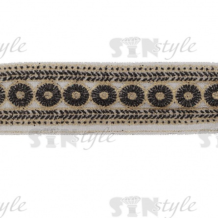 Кружево на черной сетке с золотым и черным глиттером, ширина 75 мм, намотка 15 ярдов фото 1