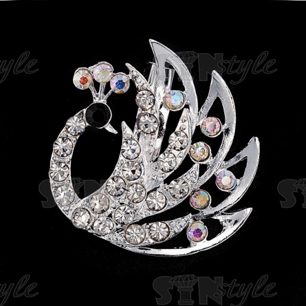 Брошь со стразами "Жар-птица", размер 35х35 мм, цвет никель+стразы белые/белые с радужным покрытием, застежка булавка фото 1
