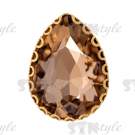 Стразы пришивные, стеклянные в оправе, форма капля, цвет золото+шампань, размер 13х18 мм фото 1