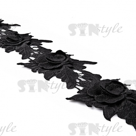 Кружево "Цветочное", красивая цветочная гирлянда из объемных цветов и резных листьев ширина 90 мм, цвет черный, намотка 15 ярдов фото 3