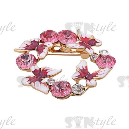 Брошь со стразами, размер 40х40 мм, цвет золото+стразы белые/розовые+эмаль белая с розовым, застежка булавка фото 2
