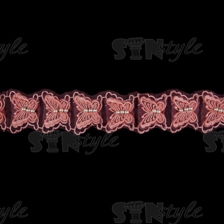 Кружево "Бабочки" на капроновой ленте, ширина 60 мм, цвет розовый, бусины белые, намотка 10 ярдов  фото 3