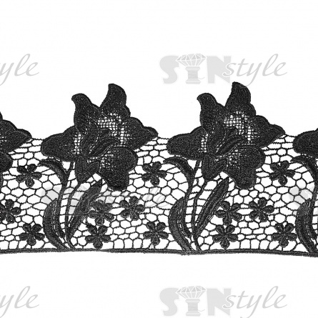 Кружево ажурное с цветочным узором, ширина 140 мм, цвет черный, намотка 14 ярдов фото 1