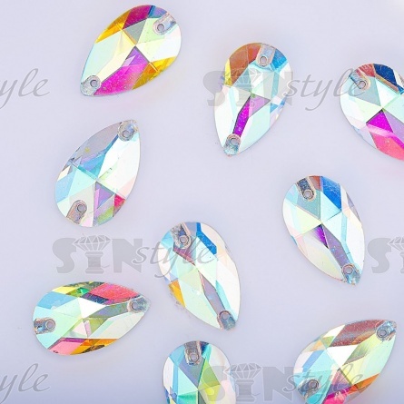 Стразы пришивные стеклянные Капля, цвет белый прозрачный радужный, размер 17*28 мм фото 3