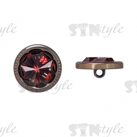 Пуговица пластиковая на ножке, размер 48L, основа цвета темный никель, шляпка бордовая в форме кристалла фото 1