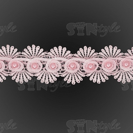 Кружево ажурное с отделкой, на нежной ажурной основе россыпь бутонов розочек с бусиной в середине цветка, ширина 45 мм, намотка 15 ярдов, цвет старо-розовый фото 2