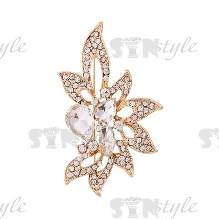 Брошь металлическая со стразами, застежка булавка, цвет золото+белые стразы, размер 35х60 мм фото 1