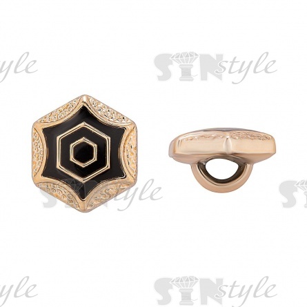 Пуговица пластиковая на ножке, 20L, в форме шестигранника, золотая основа с черной эмалью фото 1