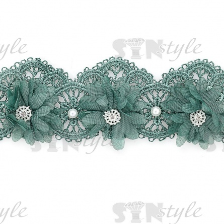 Кружево ажурное с объемными цветами в цвет кружева, украшено белыми бусинами и стразами, ширина 50 мм, намотка 10 ярдов, цвет мятный  фото 2