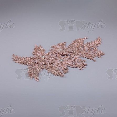 Аппликация кружевная пришивная с глиттером и стразами, размер 160х300 мм, цвет грязно-розовый фото 2
