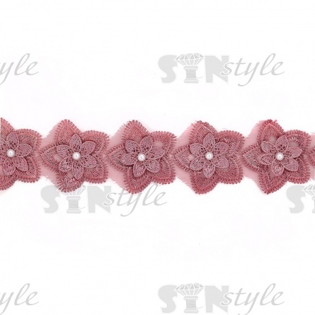Кружево "Цветочки" украшено бусиной, на капроновой ленте, ширина 55 мм, цвет грязно-розовый, намотка 20 ярдов фото 2