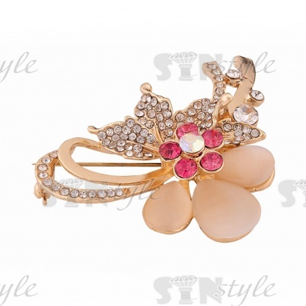 Брошь металлическая со стразами, застежка булавка, цвет золото+белые/розовые стразы, размер 45х55 мм фото 2