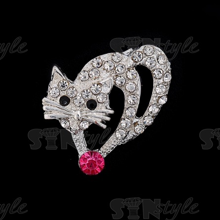 Брошь "Кошка", размер 27х23 мм, цвет себряный+белые стразы, застежка булавка фото 1