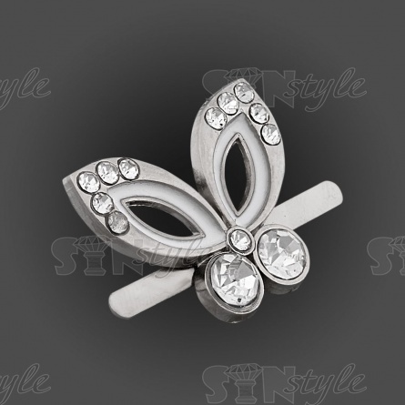 Брошь металлическая со стразами, крепление усики, размер 23ммх18мм, цвет нивель+белая эмаль+белые стразы фото 2