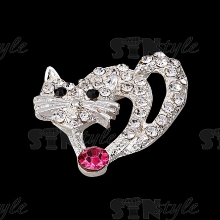 Брошь "Кошка", размер 27х23 мм, цвет себряный+белые стразы, застежка булавка фото 2