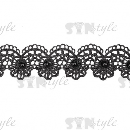 Кружево ажурное с отделкой, нежнейшее тонкое переплетение гирлянды с цветочными мотивами с бусиной в центре цветка, ширина 35 мм, намотка 15 ярдов, цвет черный фото 1