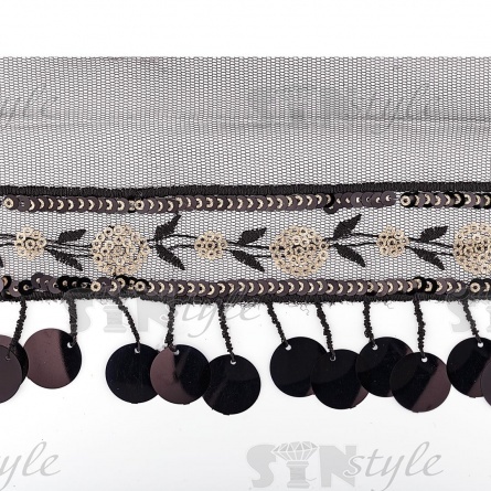 Декоративная тесьма на сетке с пайетками, цвет черный, ширина участка из пайеток 70 мм, намотка 16 ярдов фото 2