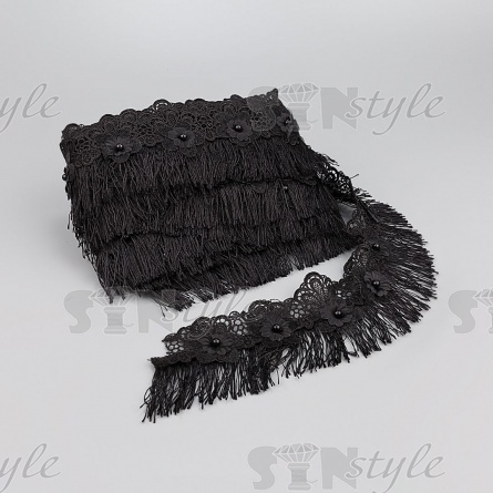 Кружево ажурное с отделкой, на нежной  кружевной основе россыпь цветов с бусиной в центре и тонкой бахромой по всей длине, ширина 80 мм, намотка 10 ярдов, цвет черный  фото 3