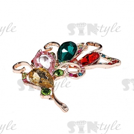 Брошь со стразами, размер 48х48 мм , цвет золото+цветные стразы, застежка булавка фото 2