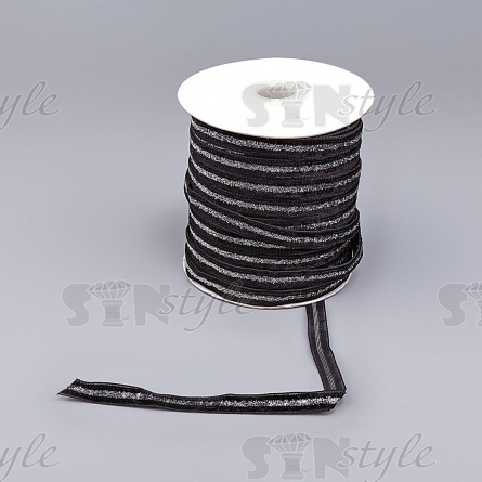 Лента бархатная с люрексом, цвет черный+серебряный, ширина 10 мм, намотка 50 ярдов фото 3