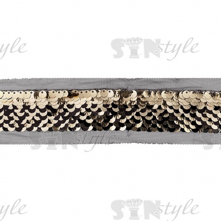 Тесьма отделочная на сетке, расшитая пайетками, цвет золотой, ширина участка с пайетками 30 мм, намотка 22 ярда  фото 2