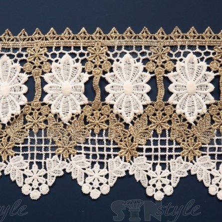 Кружево вязаное ажурное, цвет золотой с белым, намотка 15 ярдов, ширина 140 мм фото 3
