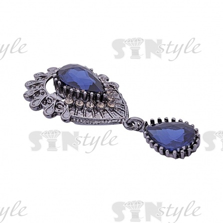 Брошь с подвеской, застежка булавка, цвет темный никель+синие стразы, размер 28х54 мм фото 2