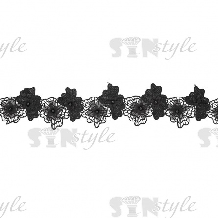 Кружево "Цветочное", нежная ассиметричная гирлянда из объемных цветов разных оттенков черного, ширина 80 мм, цвет черный, намотка 10 ярдов фото 1